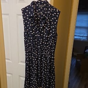 Allegra K Navy Collared Sleeveless Midi Dress with White Dog Print